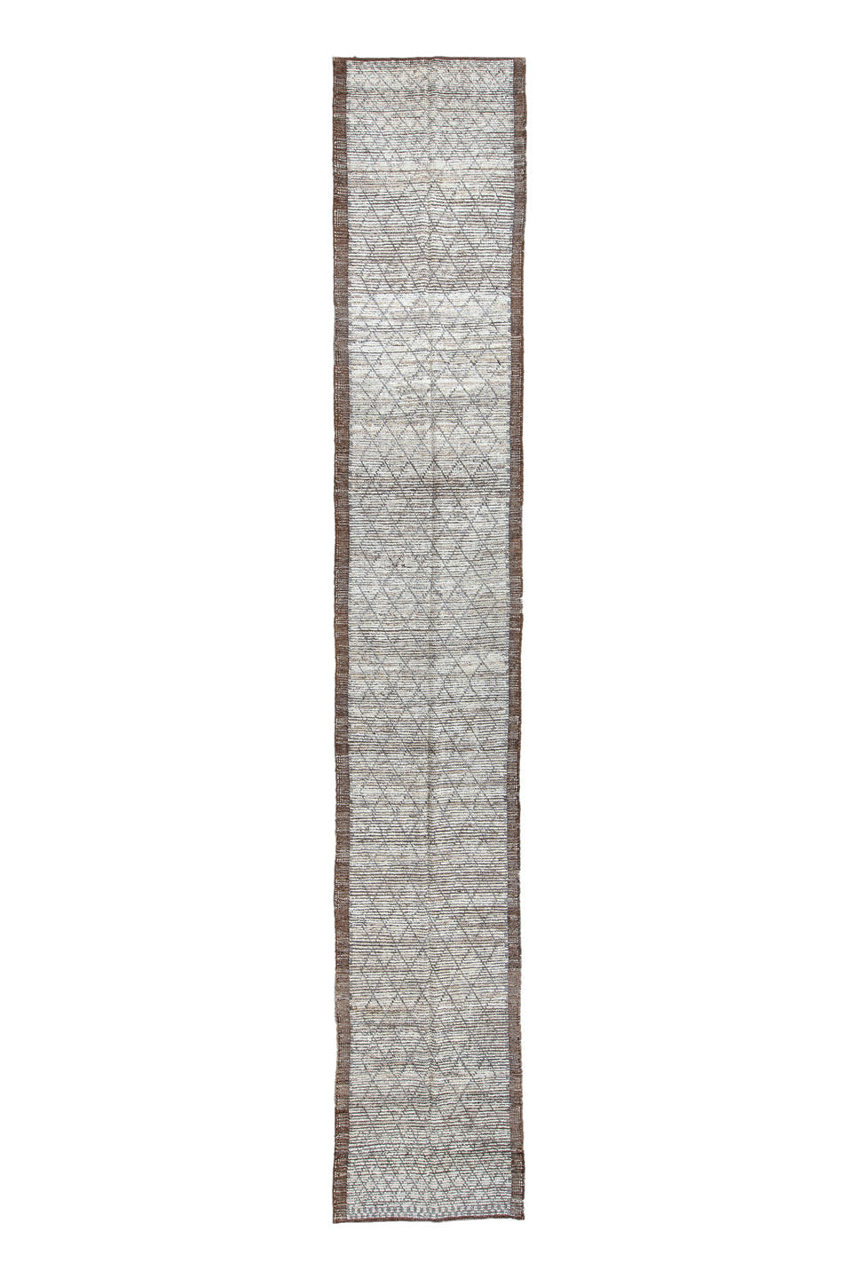 2' x 16' one-of-a-kind handmade vintage Tulu runner rug. Color palette: ivory, brown, taupe, charcoal, beige, gray, black