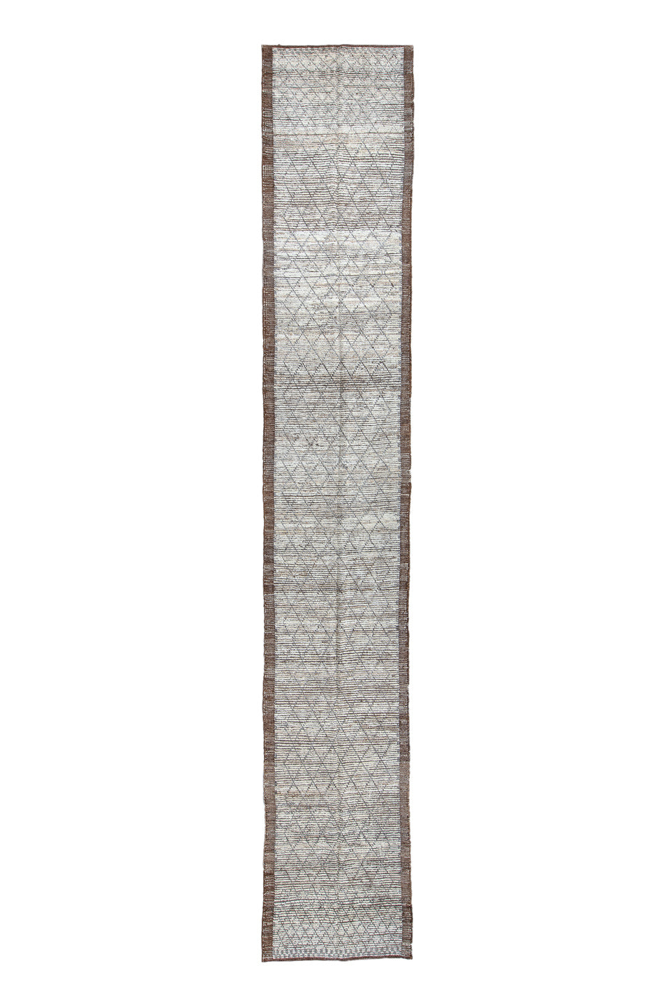 2' x 16' one-of-a-kind handmade vintage Tulu runner rug. Color palette: ivory, brown, taupe, charcoal, beige, gray, black