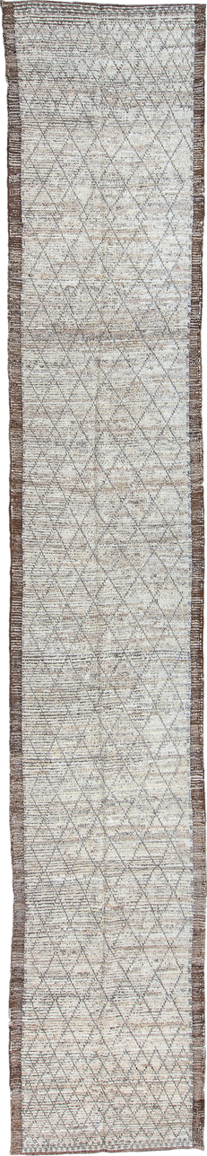 2' x 16' one-of-a-kind handmade vintage Tulu runner rug. Color palette: ivory, brown, taupe, camel, charcoal, beige, gray