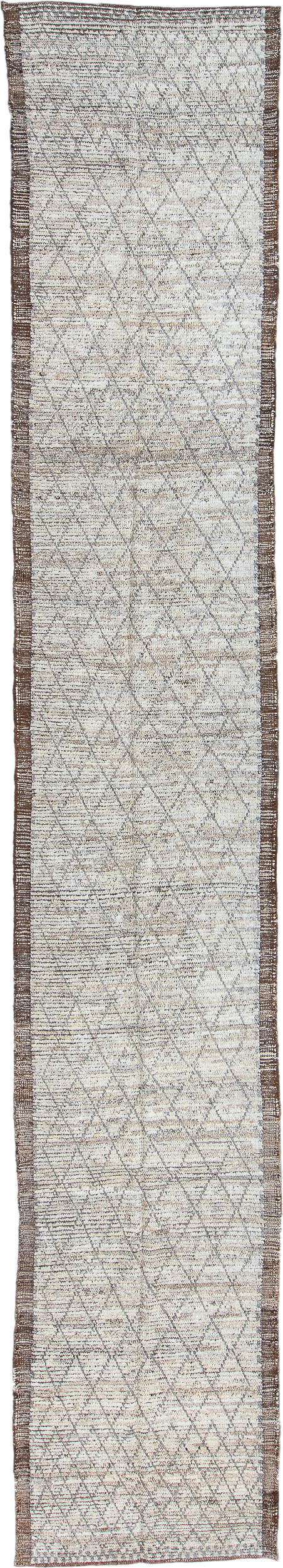 2' x 16' one-of-a-kind handmade vintage Tulu runner rug. Color palette: ivory, brown, taupe, camel, charcoal, beige, gray