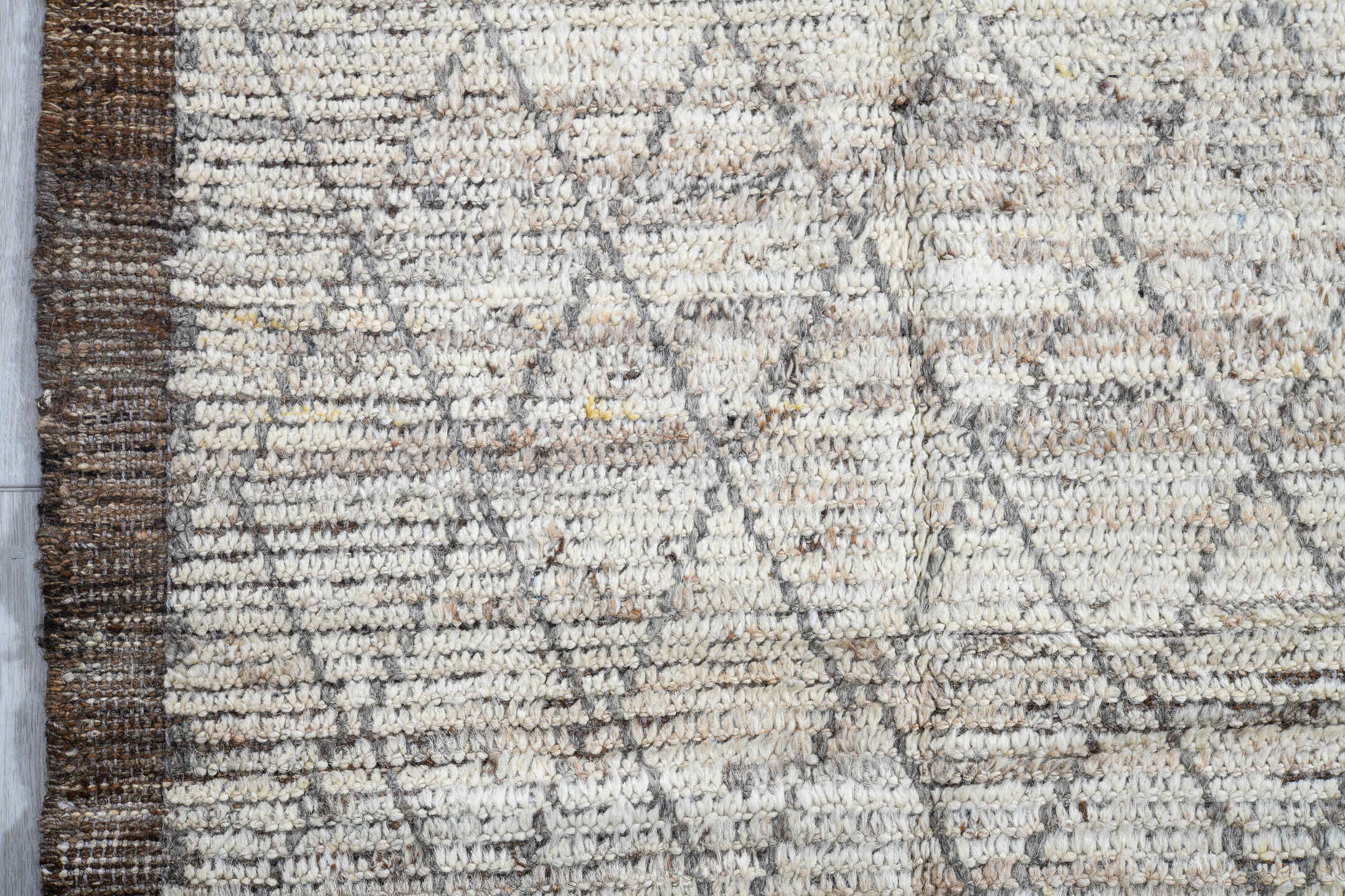 2' x 16' one-of-a-kind handmade vintage Tulu runner rug. Color palette: ivory, brown, taupe, camel, charcoal, beige, gray