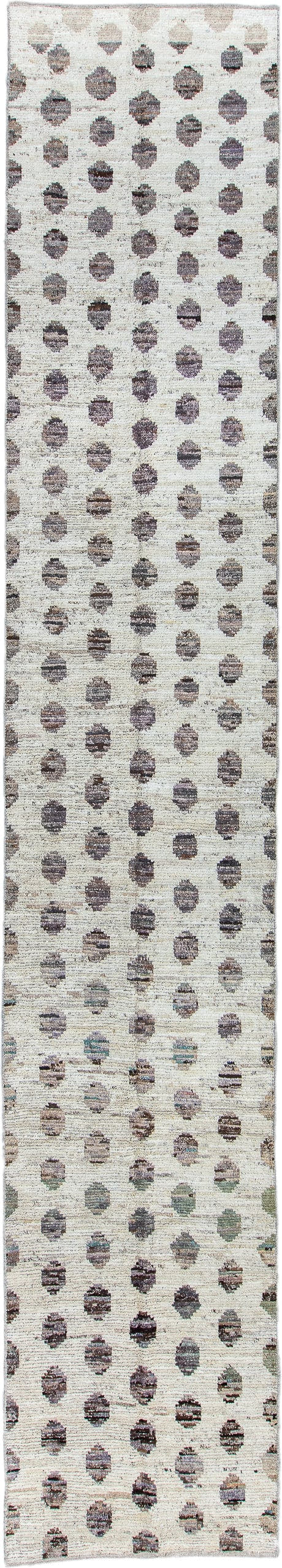 3' x 19' one-of-a-kind handmade vintage Tulu runner rug. Color palette: ivory, taupe, brown, charcoal, sage, beige, gray