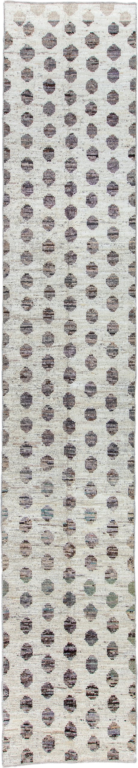 3' x 19' one-of-a-kind handmade vintage Tulu runner rug. Color palette: ivory, taupe, brown, charcoal, sage, beige, gray