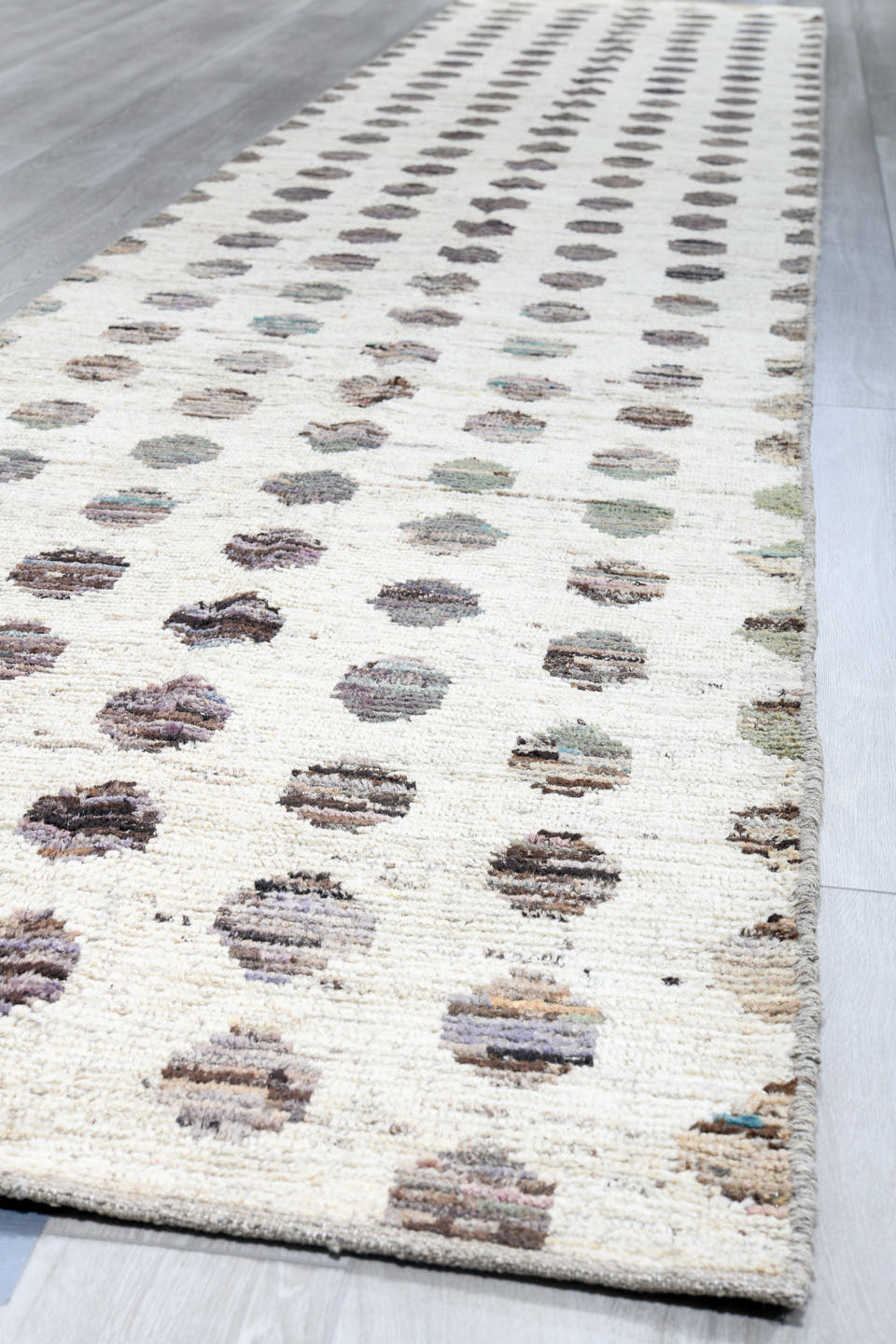 3' x 19' one-of-a-kind handmade vintage Tulu runner rug. Color palette: ivory, taupe, brown, charcoal, sage, beige, gray