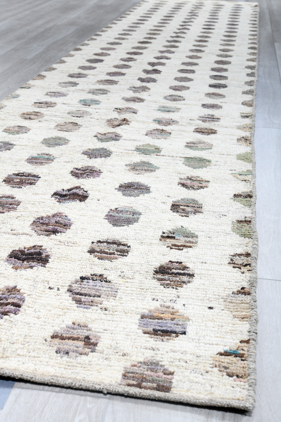 3' x 19' one-of-a-kind handmade vintage Tulu runner rug. Color palette: ivory, taupe, brown, charcoal, sage, beige, gray