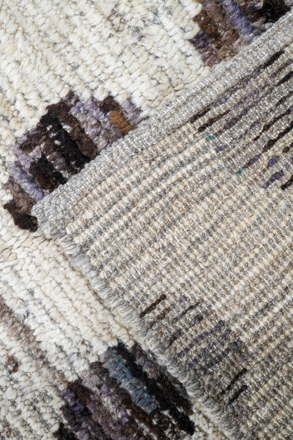 3' x 19' one-of-a-kind handmade vintage Tulu runner rug. Color palette: ivory, taupe, brown, charcoal, sage, beige, gray