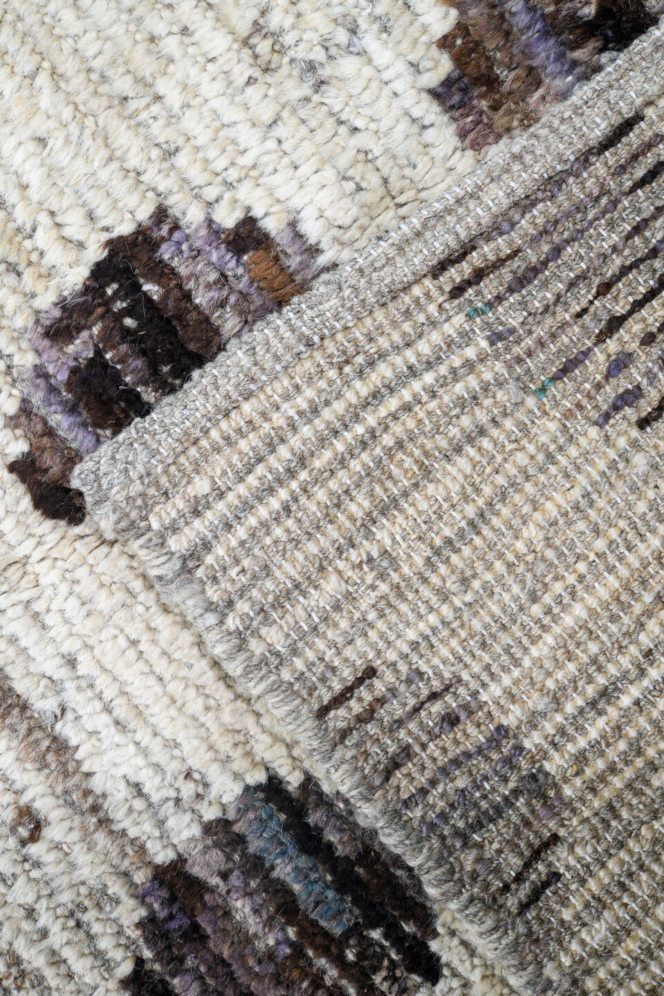 3' x 19' one-of-a-kind handmade vintage Tulu runner rug. Color palette: ivory, taupe, brown, charcoal, sage, beige, gray
