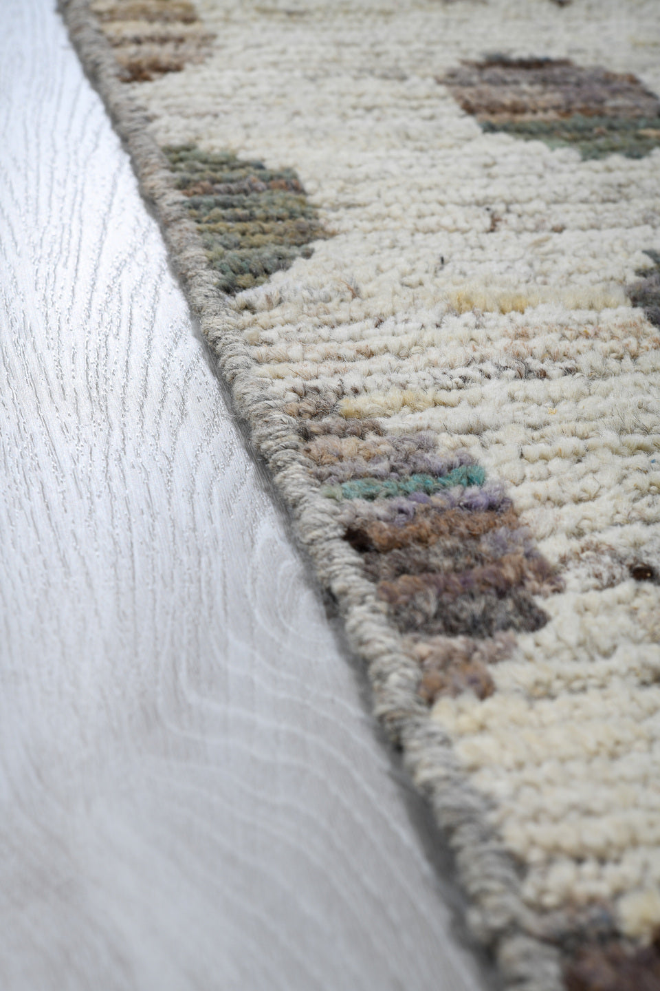 3' x 19' one-of-a-kind handmade vintage Tulu runner rug. Color palette: ivory, taupe, brown, charcoal, sage, beige, gray