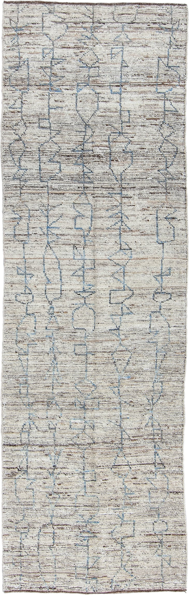 3' x 9' one-of-a-kind handmade vintage Tulu runner rug. Color palette: ivory, blue gray, taupe, brown, gray, blue, beige