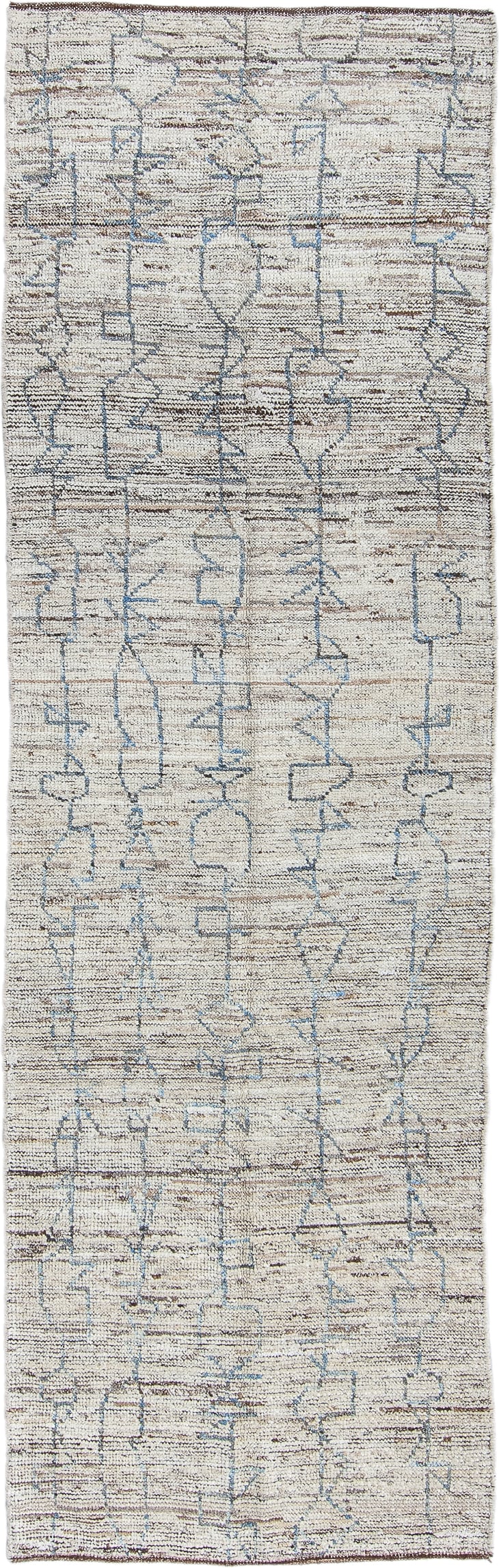 3' x 9' one-of-a-kind handmade vintage Tulu runner rug. Color palette: ivory, blue gray, taupe, brown, gray, blue, beige