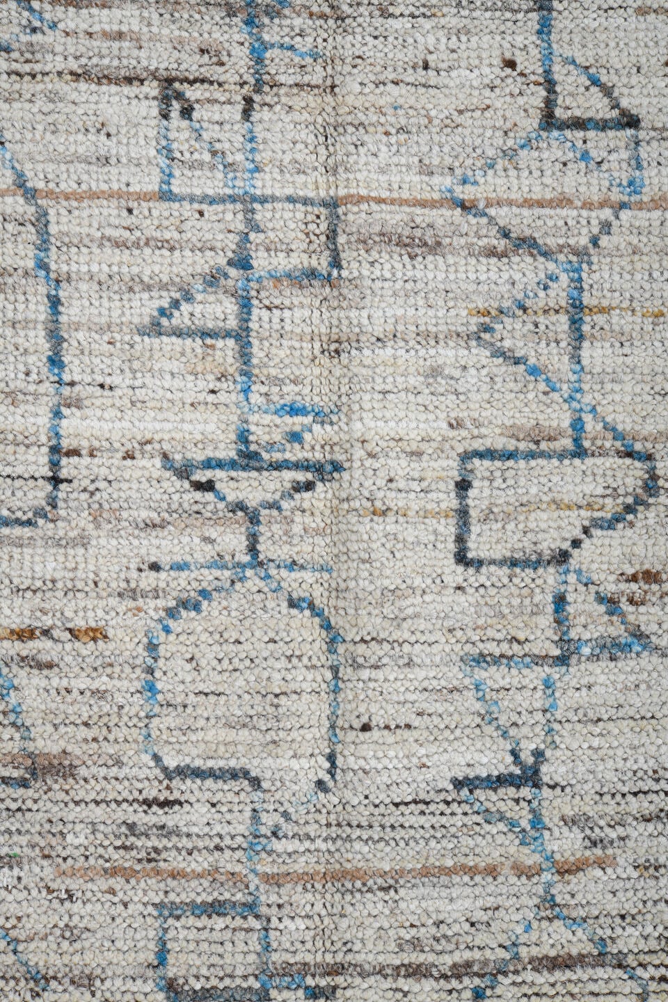 3' x 9' one-of-a-kind handmade vintage Tulu runner rug. Color palette: ivory, blue gray, taupe, brown, gray, blue, beige
