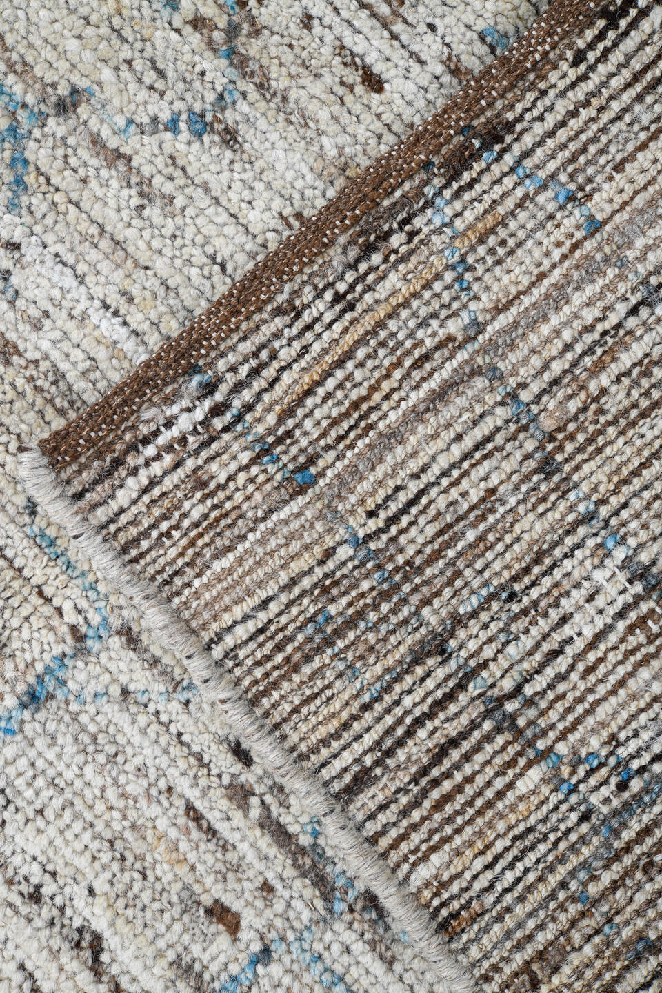 3' x 9' one-of-a-kind handmade vintage Tulu runner rug. Color palette: ivory, blue gray, taupe, brown, gray, blue, beige