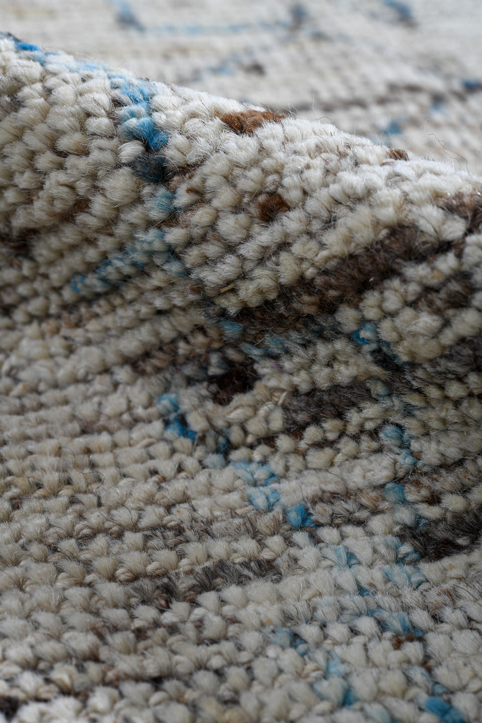 3' x 9' one-of-a-kind handmade vintage Tulu runner rug. Color palette: ivory, blue gray, taupe, brown, gray, blue, beige