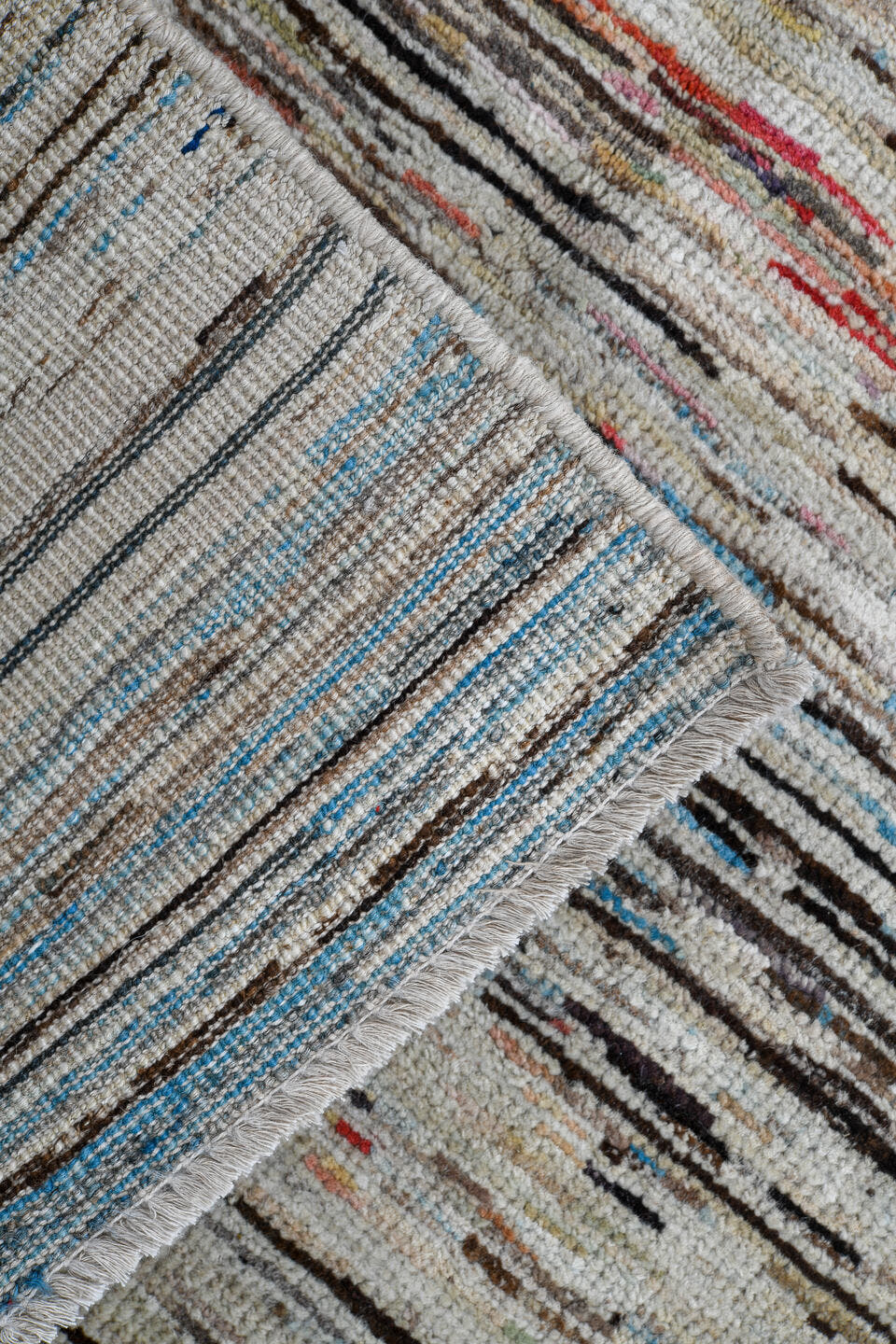 2' x 7' one-of-a-kind handmade vintage Tulu runner rug. Color palette: ivory, charcoal, slate, sky_blue, rust, taupe, gray