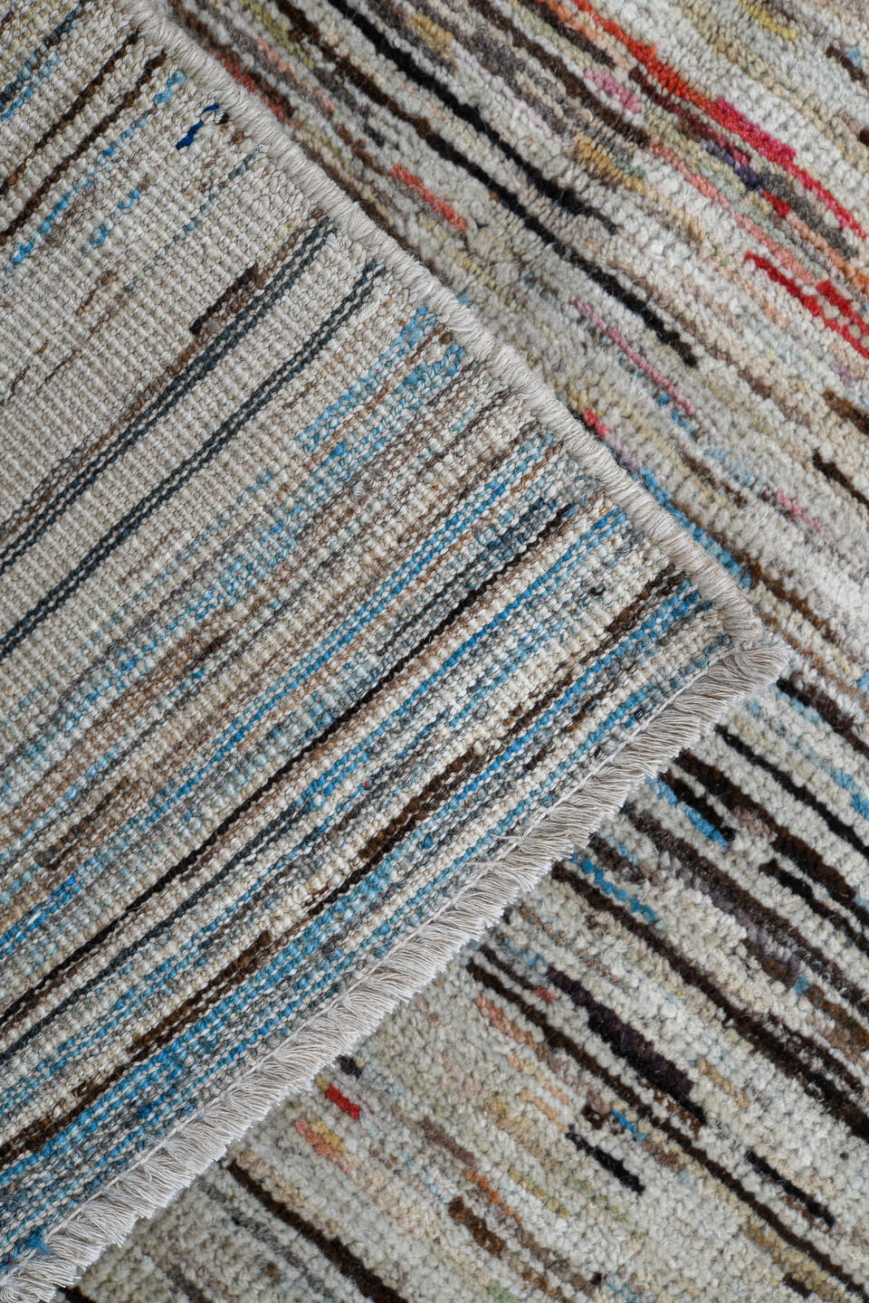 2' x 7' one-of-a-kind handmade vintage Tulu runner rug. Color palette: ivory, charcoal, slate, sky_blue, rust, taupe, gray