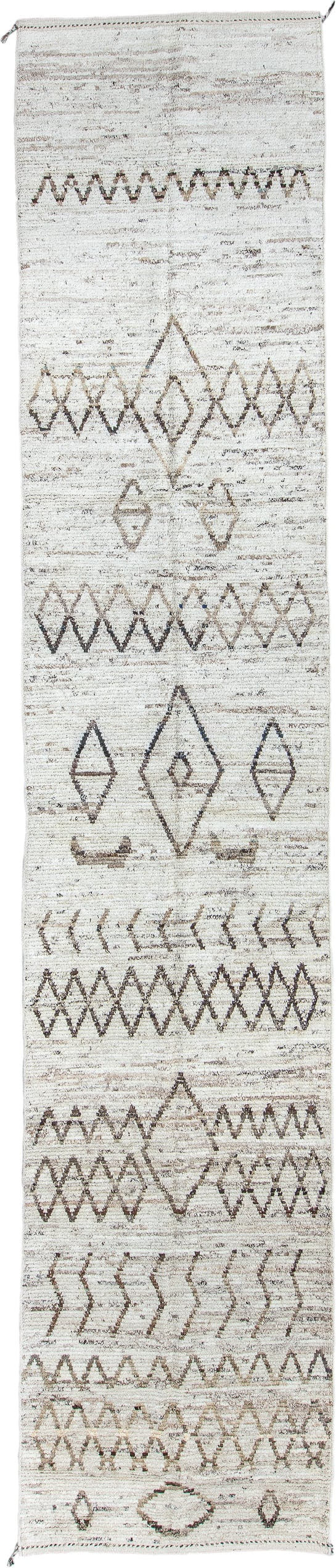 3' x 16' one-of-a-kind handmade vintage Tulu runner rug. Color palette: ivory, taupe, brown, camel, gray, beige