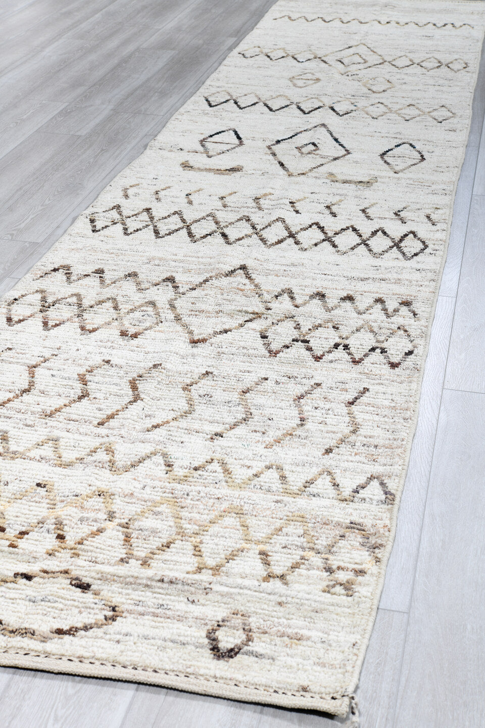 3' x 16' one-of-a-kind handmade vintage Tulu runner rug. Color palette: ivory, taupe, brown, camel, gray, beige