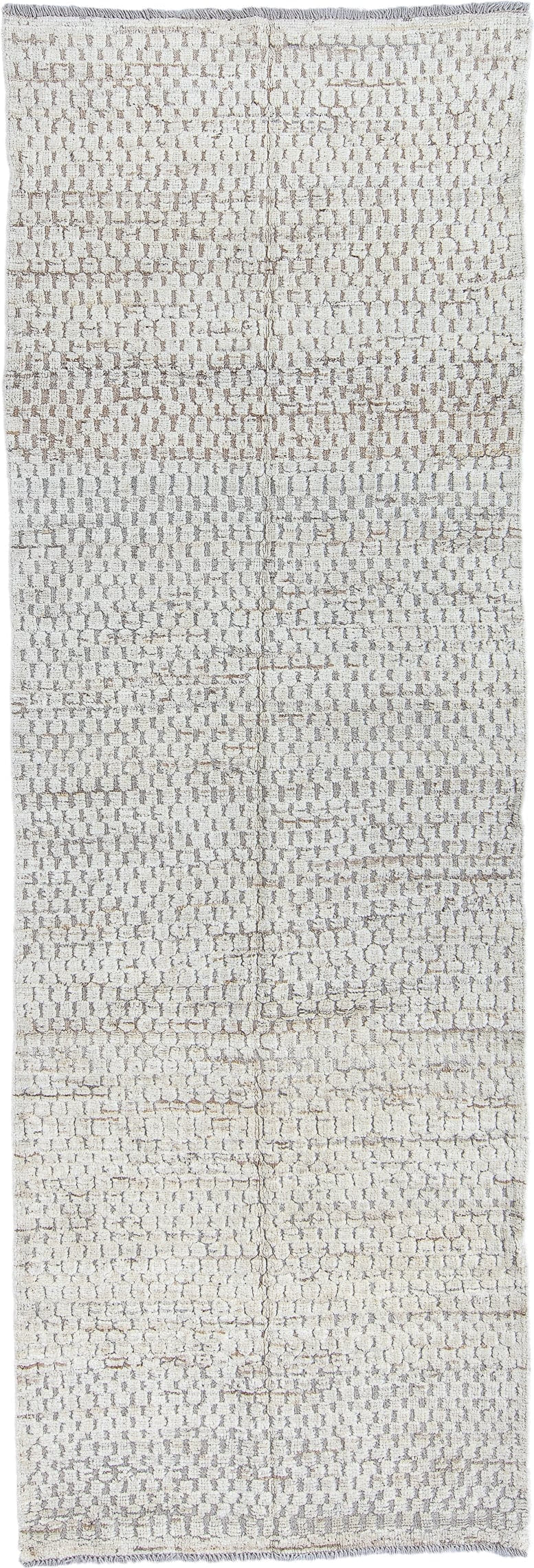 3' x 9' one-of-a-kind handmade vintage Tulu runner rug. Color palette: ivory, taupe, light gray, beige, gray
