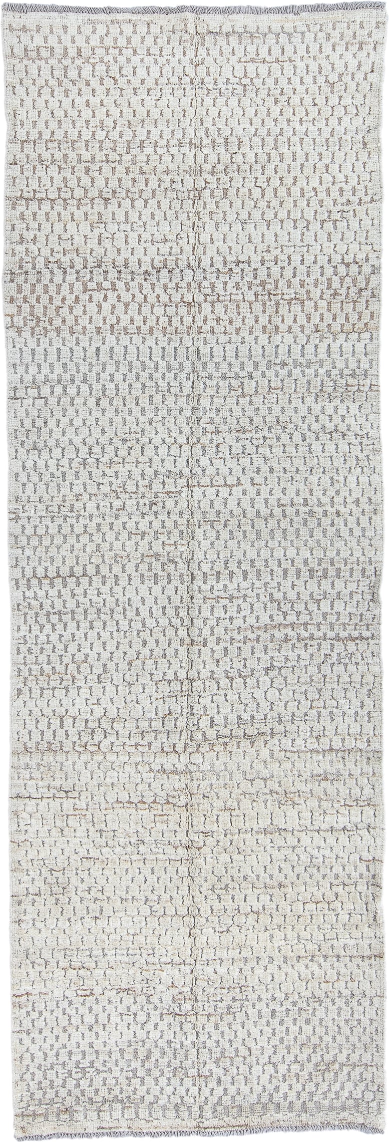 3' x 9' one-of-a-kind handmade vintage Tulu runner rug. Color palette: ivory, taupe, light gray, beige, gray