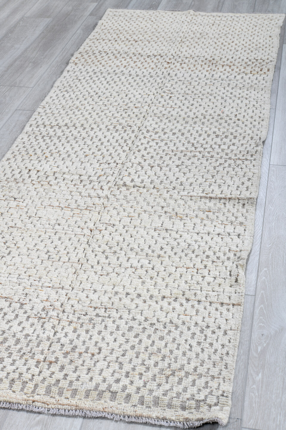3' x 9' one-of-a-kind handmade vintage Tulu runner rug. Color palette: ivory, taupe, light gray, beige, gray