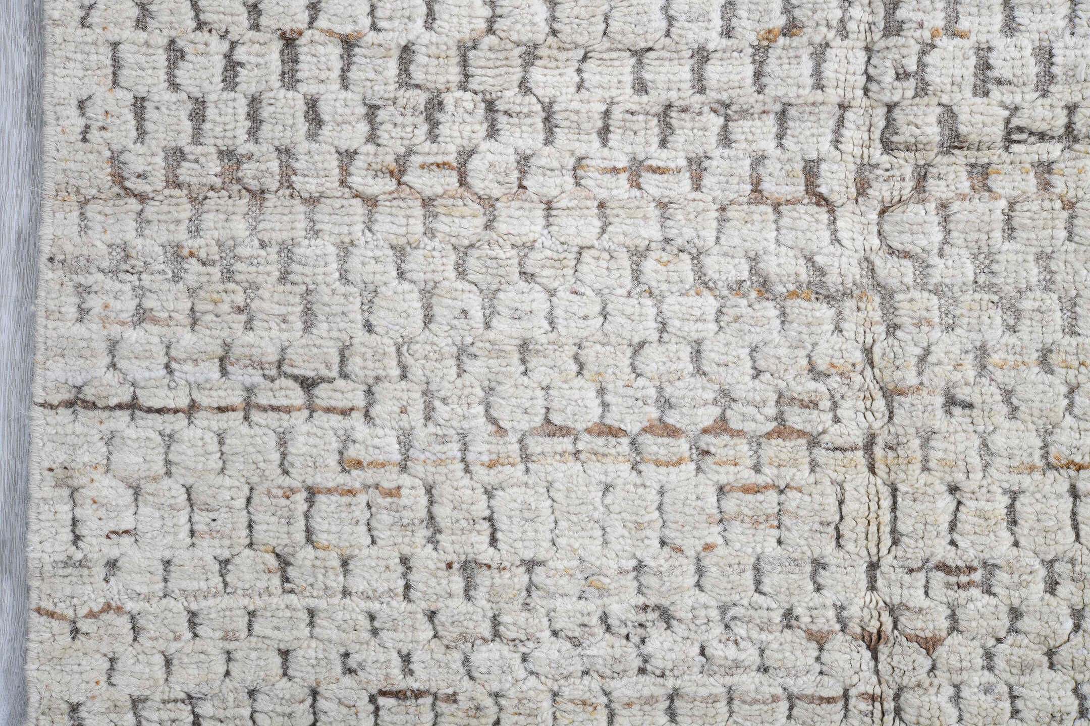 3' x 9' one-of-a-kind handmade vintage Tulu runner rug. Color palette: ivory, taupe, light gray, beige, gray