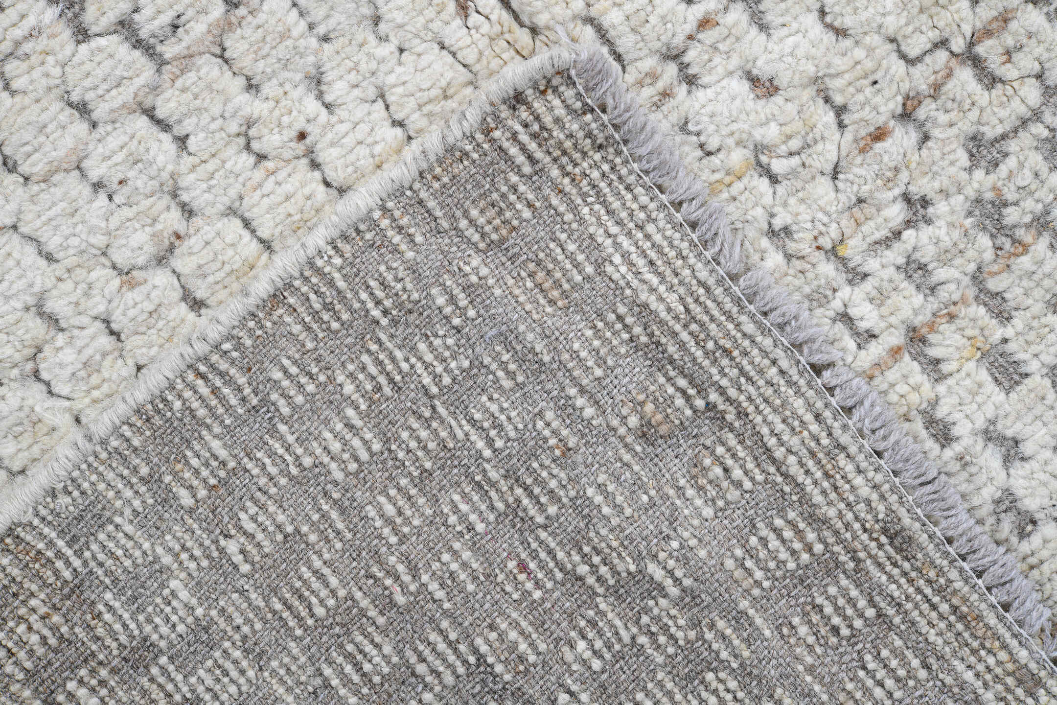3' x 9' one-of-a-kind handmade vintage Tulu runner rug. Color palette: ivory, taupe, light gray, beige, gray