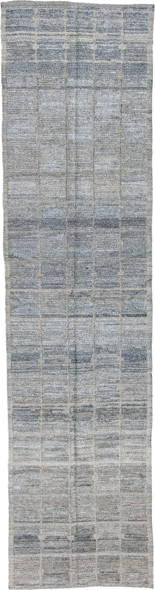 3' x 12' one-of-a-kind handmade vintage Tulu runner rug. Color palette: ivory, slate, blue gray, taupe, charcoal, gray, blue