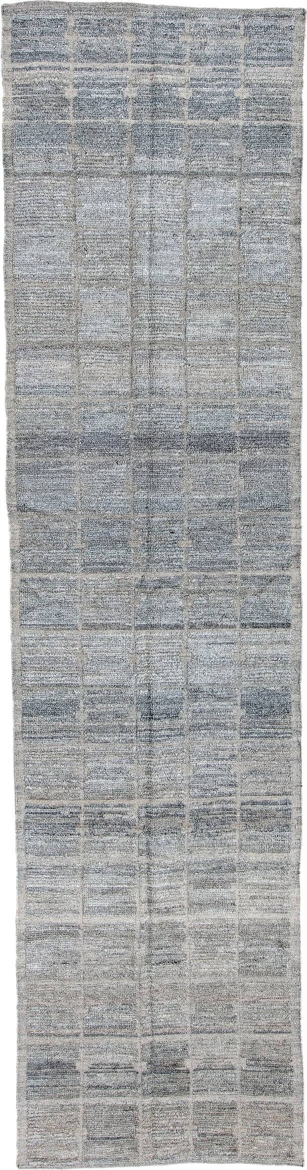 3' x 12' one-of-a-kind handmade vintage Tulu runner rug. Color palette: ivory, slate, blue gray, taupe, charcoal, gray, blue