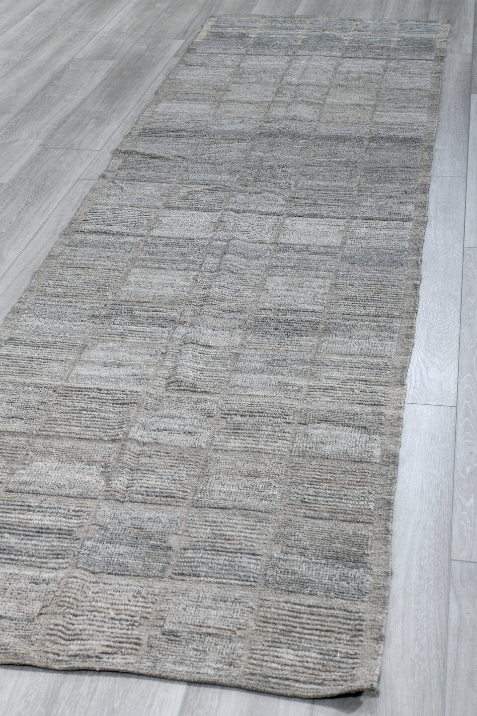 3' x 12' one-of-a-kind handmade vintage Tulu runner rug. Color palette: ivory, slate, blue gray, taupe, charcoal, gray, blue