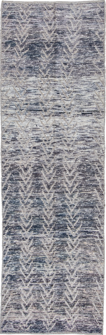 3' x 9' one-of-a-kind handmade vintage Tulu runner rug. Color palette: black, blue, charcoal, dark gray, dim gray, fiord