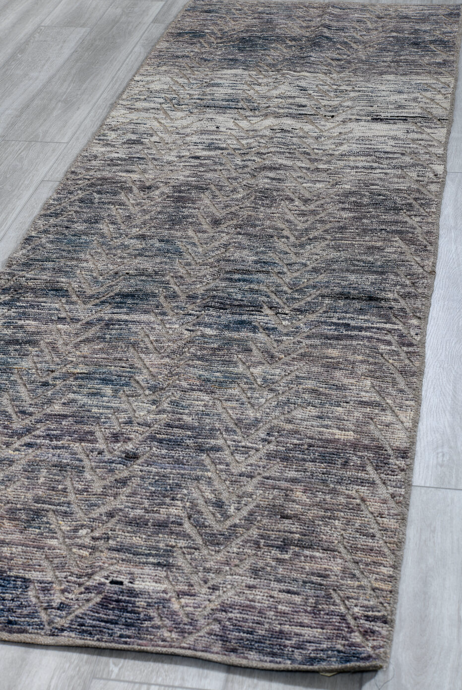3' x 9' one-of-a-kind handmade vintage Tulu runner rug. Color palette: black, blue, charcoal, dark gray, dim gray, fiord