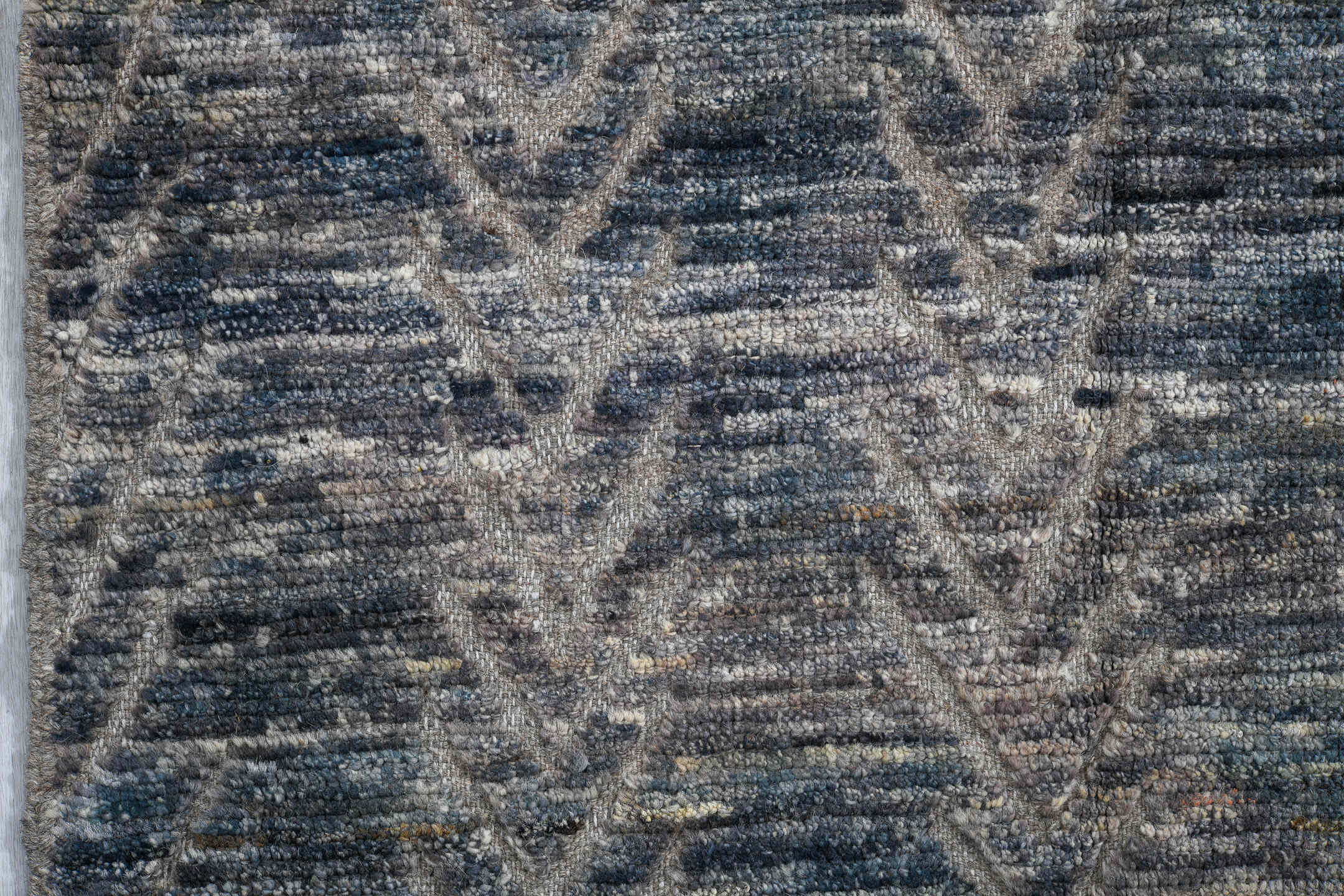 3' x 9' one-of-a-kind handmade vintage Tulu runner rug. Color palette: blue-gray, ivory, slate, silver, gray, blue