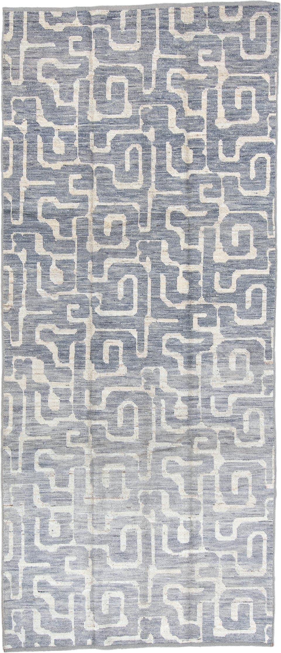 4' x 9' one-of-a-kind handmade vintage Tulu runner rug. Color palette: blue_gray, ivory, slate, cream, gray, blue