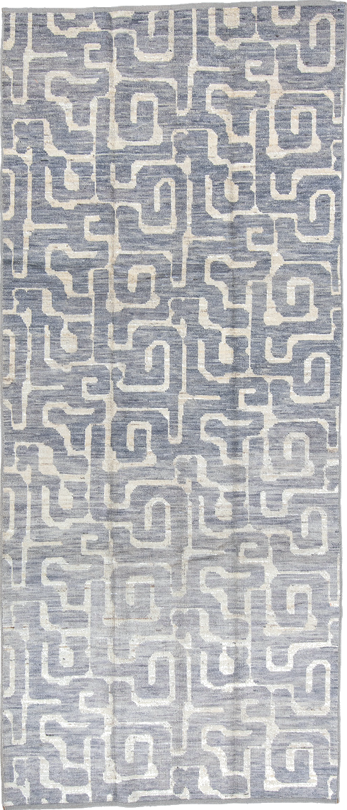 4' x 9' one-of-a-kind handmade vintage Tulu runner rug. Color palette: black, dark gray, dim gray, gainsboro, gray