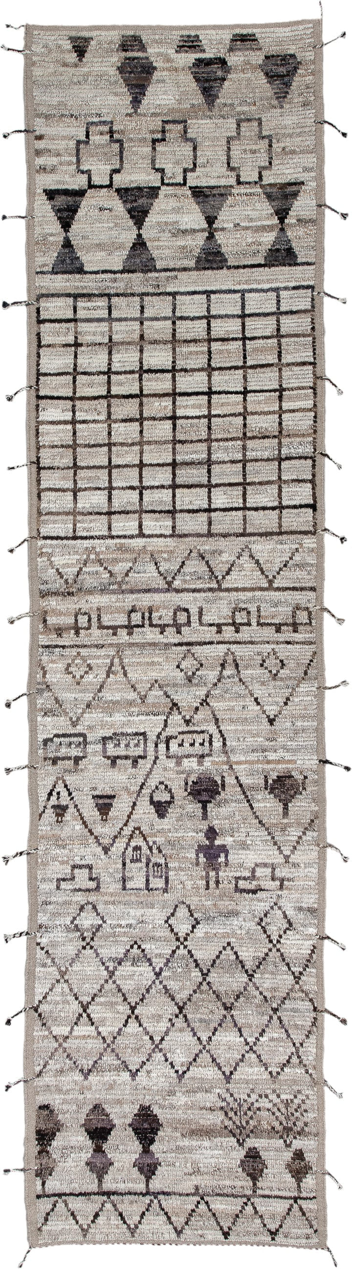 3' x 13' one-of-a-kind handmade vintage Tulu runner rug. Color palette: ivory, taupe, charcoal, brown, gray, beige, black
