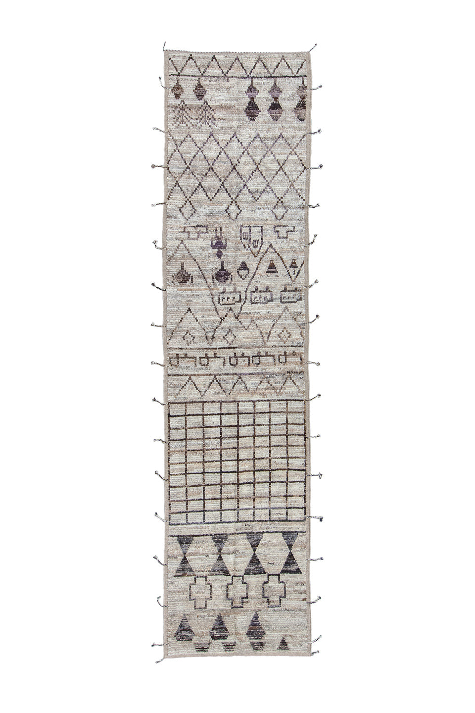 3' x 13' one-of-a-kind handmade vintage Tulu runner rug. Color palette: ivory, taupe, charcoal, brown, gray, beige, black