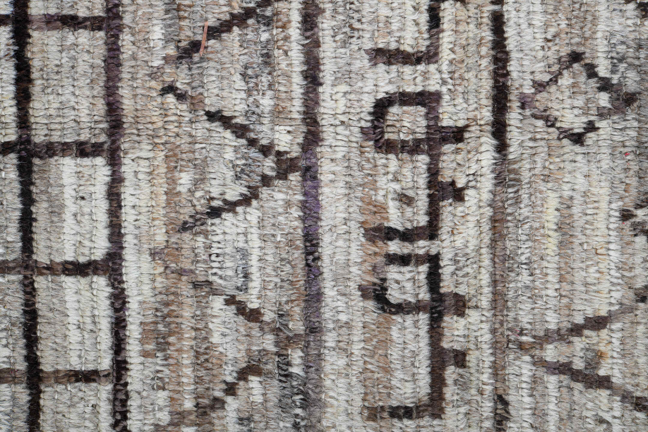 3' x 13' one-of-a-kind handmade vintage Tulu runner rug. Color palette: ivory, taupe, charcoal, brown, gray, beige, black