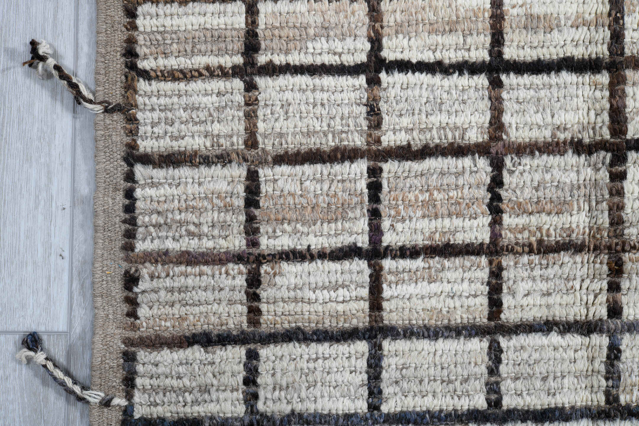 3' x 13' one-of-a-kind handmade vintage Tulu runner rug. Color palette: ivory, taupe, charcoal, brown, gray, beige, black