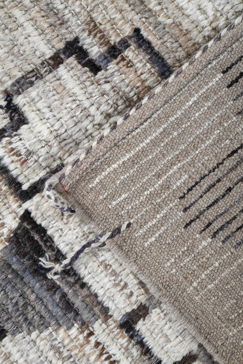 3' x 13' one-of-a-kind handmade vintage Tulu runner rug. Color palette: ivory, taupe, charcoal, brown, gray, beige, black