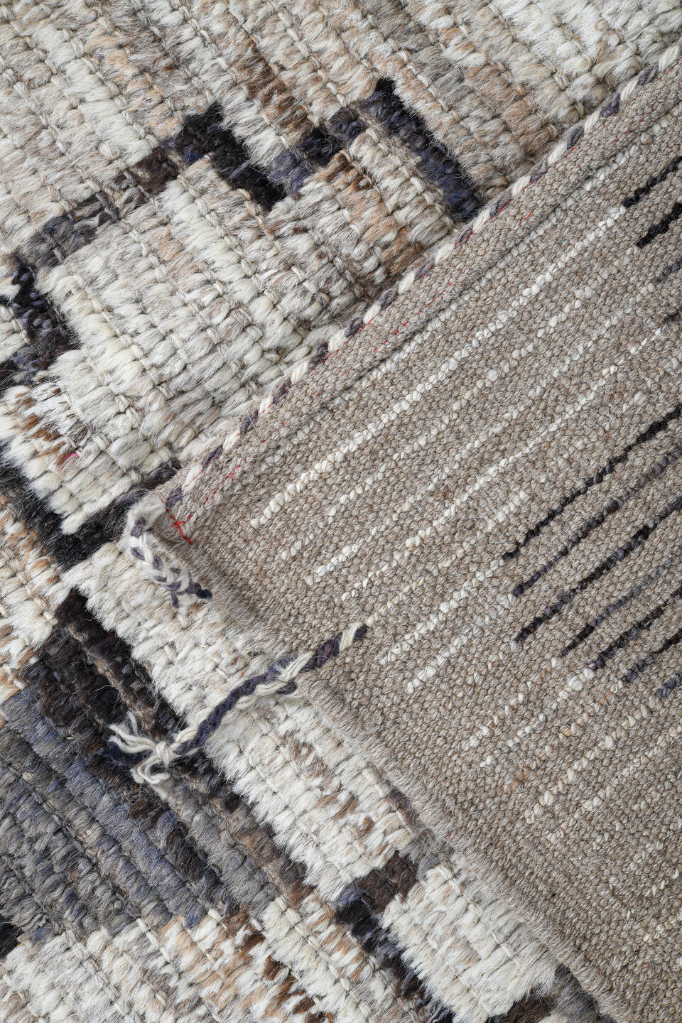 3' x 13' one-of-a-kind handmade vintage Tulu runner rug. Color palette: ivory, taupe, charcoal, brown, gray, beige, black