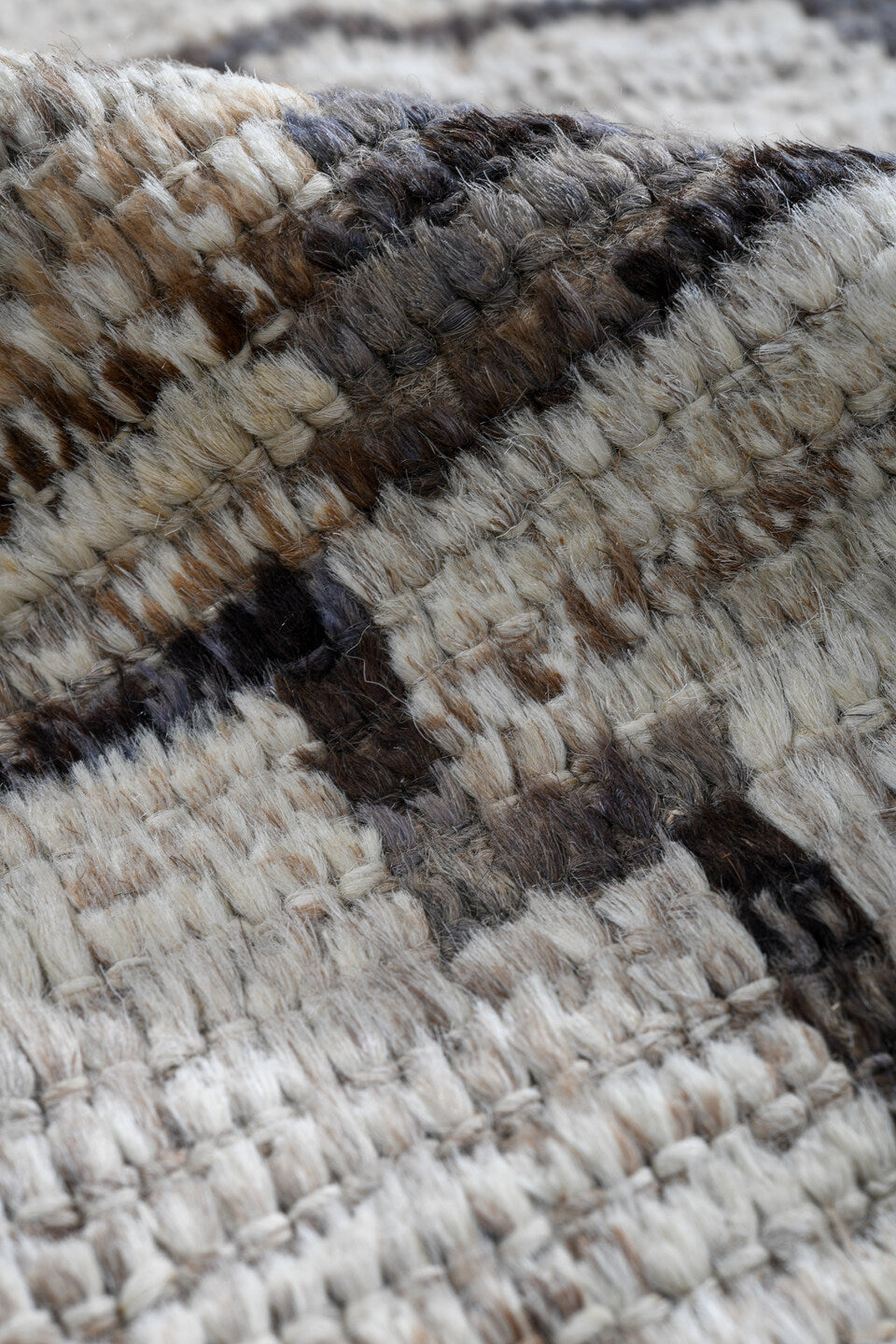 3' x 13' one-of-a-kind handmade vintage Tulu runner rug. Color palette: ivory, taupe, charcoal, brown, gray, beige, black
