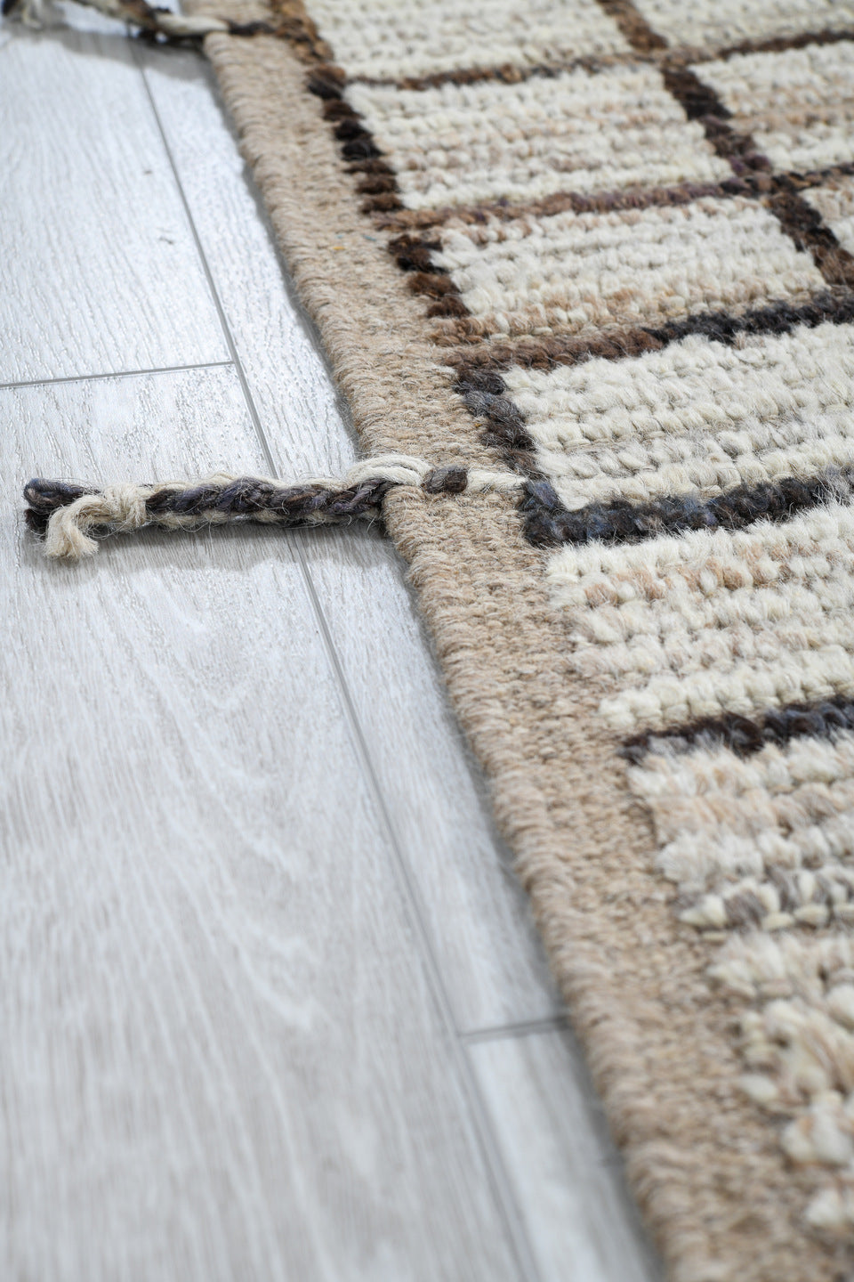 3' x 13' one-of-a-kind handmade vintage Tulu runner rug. Color palette: ivory, taupe, charcoal, brown, gray, beige, black
