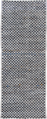 5' x 14' one-of-a-kind handmade vintage Tulu rug. Color palette: ivory, charcoal, gray, slate, blue, ochre, black, gold