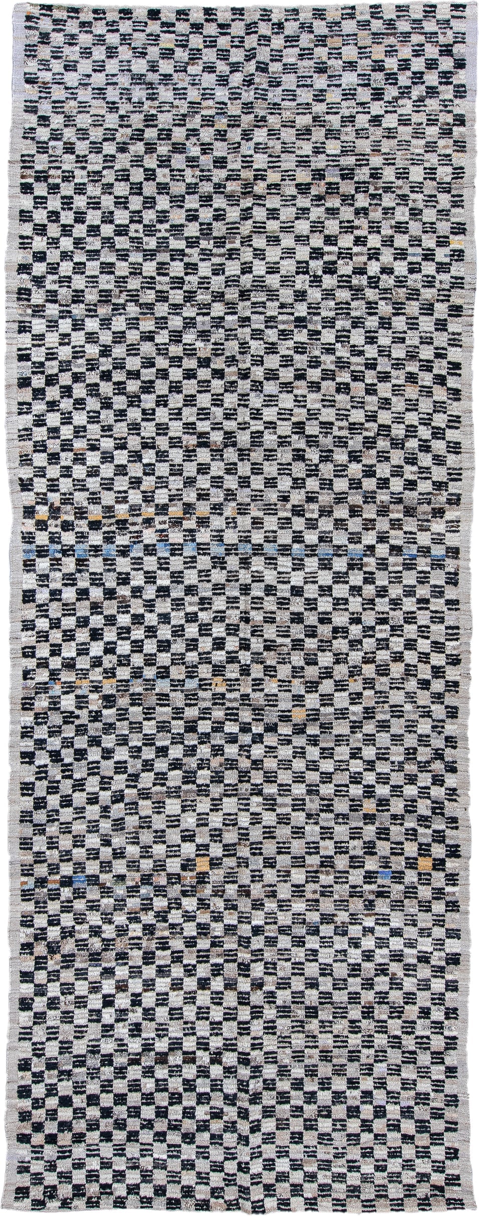 5' x 14' one-of-a-kind handmade vintage Tulu rug. Color palette: ivory, charcoal, gray, slate, blue, ochre, black, gold