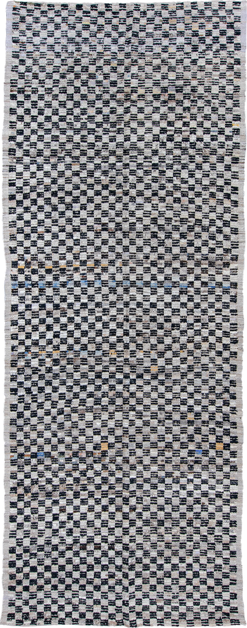 5' x 14' one-of-a-kind handmade vintage Tulu rug. Color palette: ivory, charcoal, gray, slate, blue, ochre, black, gold