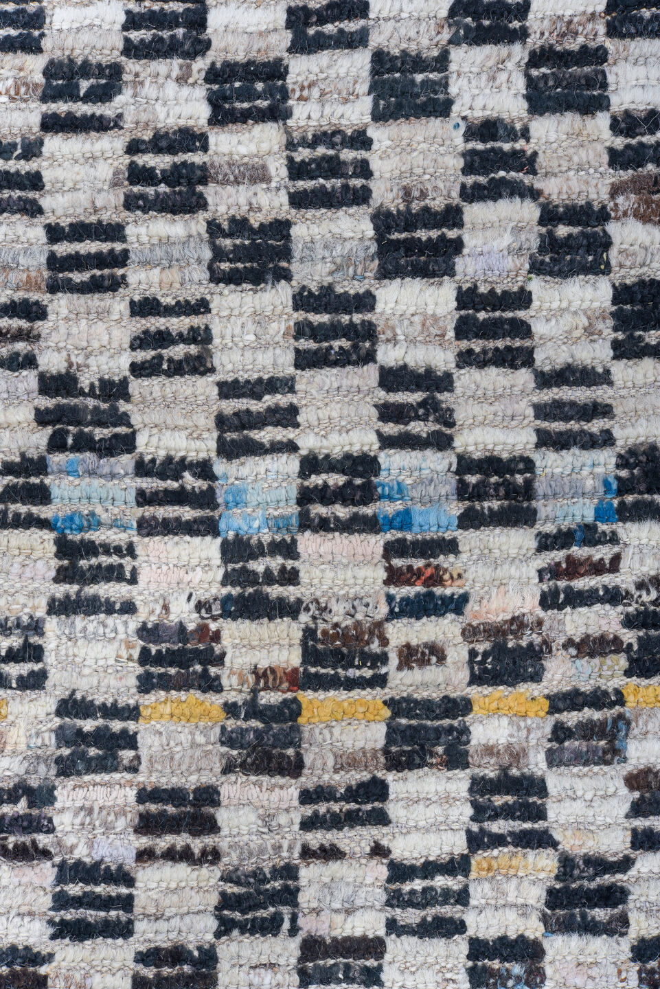 5' x 14' one-of-a-kind handmade vintage Tulu rug. Color palette: ivory, charcoal, gray, slate, blue, ochre, black, gold