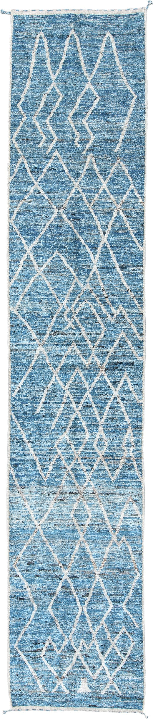 3' x 15' one-of-a-kind handmade vintage Tulu runner rug. Color palette: sky blue, ivory, slate, light blue, gray