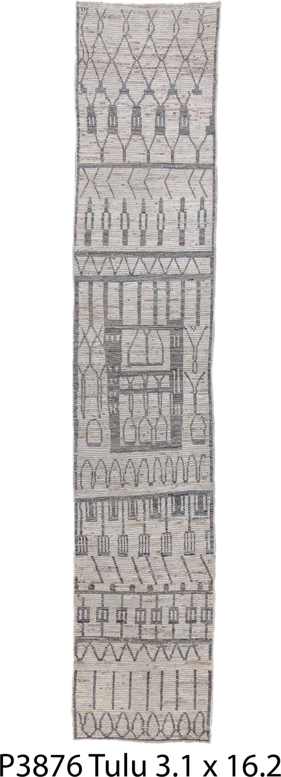 3' x 16' one-of-a-kind handmade vintage Tulu runner rug. Color palette: ivory, charcoal, taupe, gray, black, beige