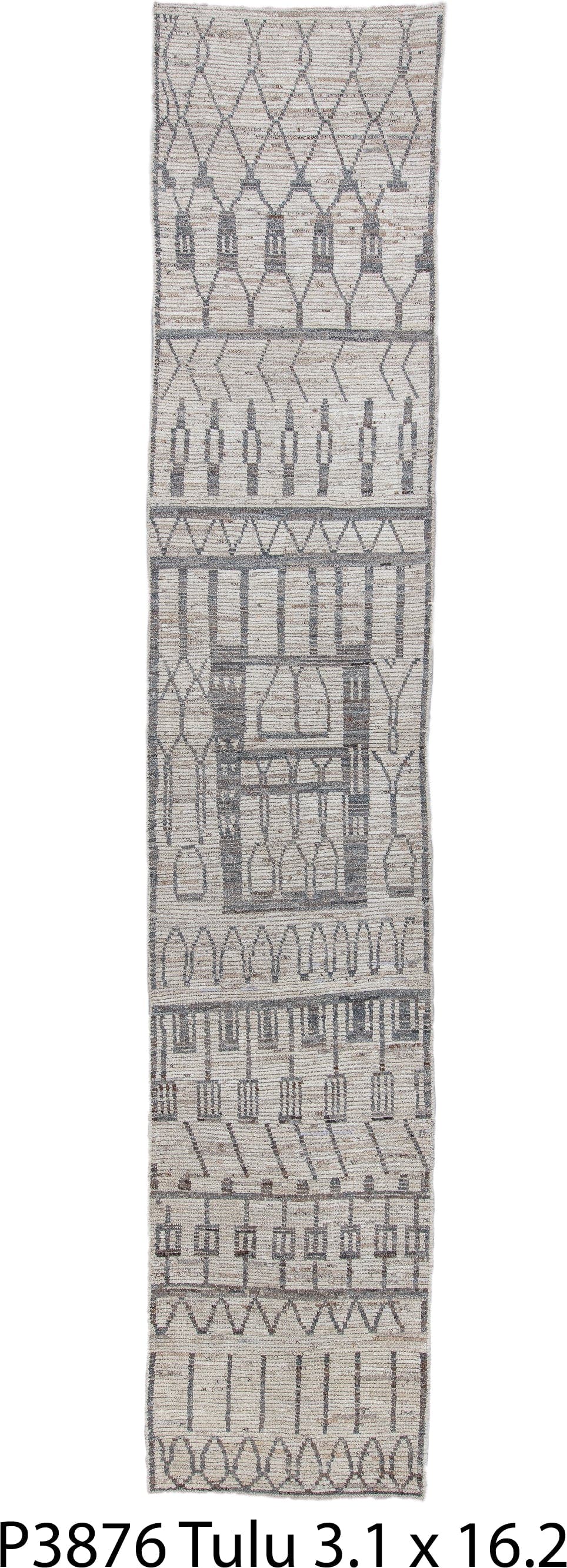 3' x 16' one-of-a-kind handmade vintage Tulu runner rug. Color palette: ivory, charcoal, taupe, gray, black, beige
