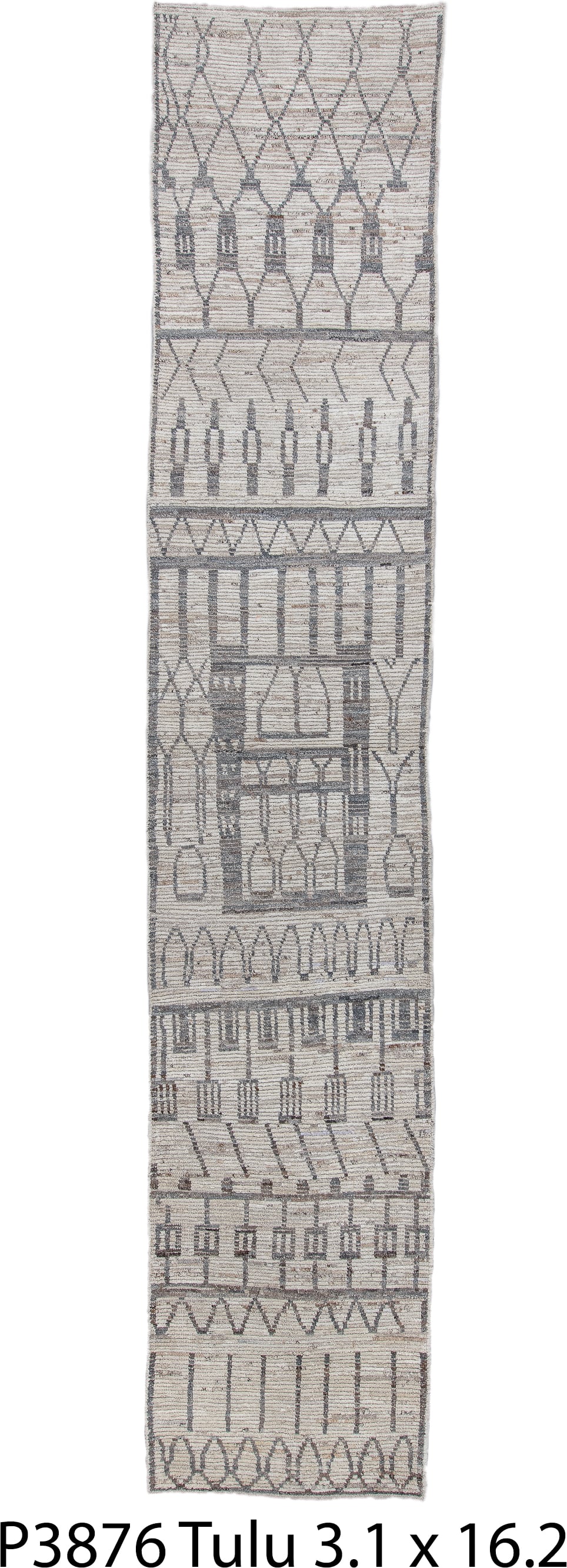 3' x 16' one-of-a-kind handmade vintage Tulu runner rug. Color palette: ivory, charcoal, taupe, gray, black, beige